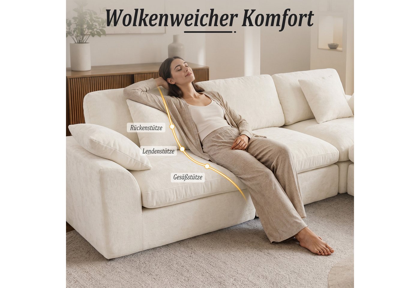 HomeMiYN Ecksofa 280cm L-Form Chenille 3-4 Sitzer Modular Couch für Wohnzimmer, Modular 4 Teile, Ohne Montage & Vakuumkomprimiert 300kg Belastbar Ecksofa – Bild 3 von 5