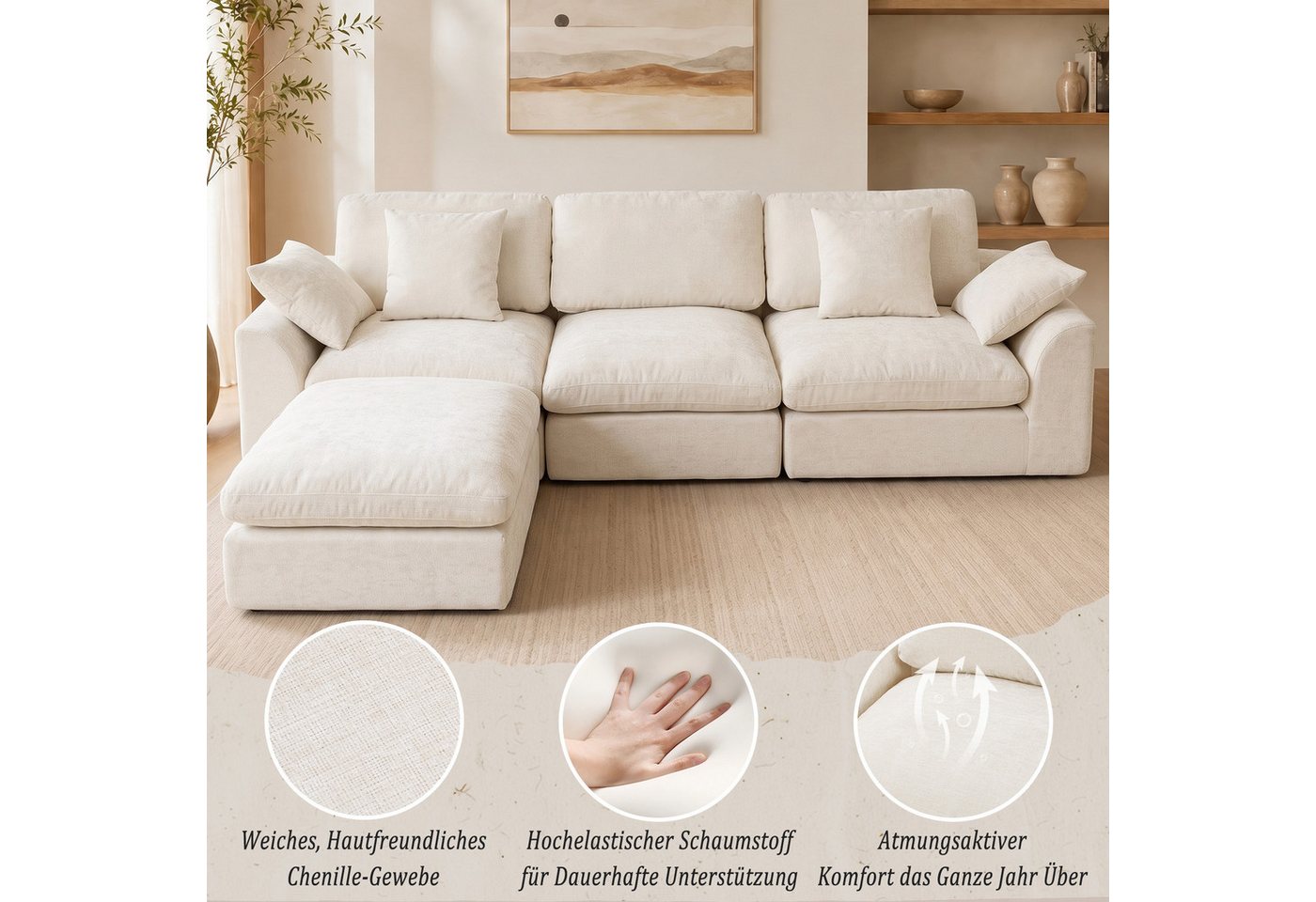 HomeMiYN Ecksofa 280cm L-Form Chenille 3-4 Sitzer Modular Couch für Wohnzimmer, Modular 4 Teile, Ohne Montage & Vakuumkomprimiert 300kg Belastbar Ecksofa – Bild 4 von 5