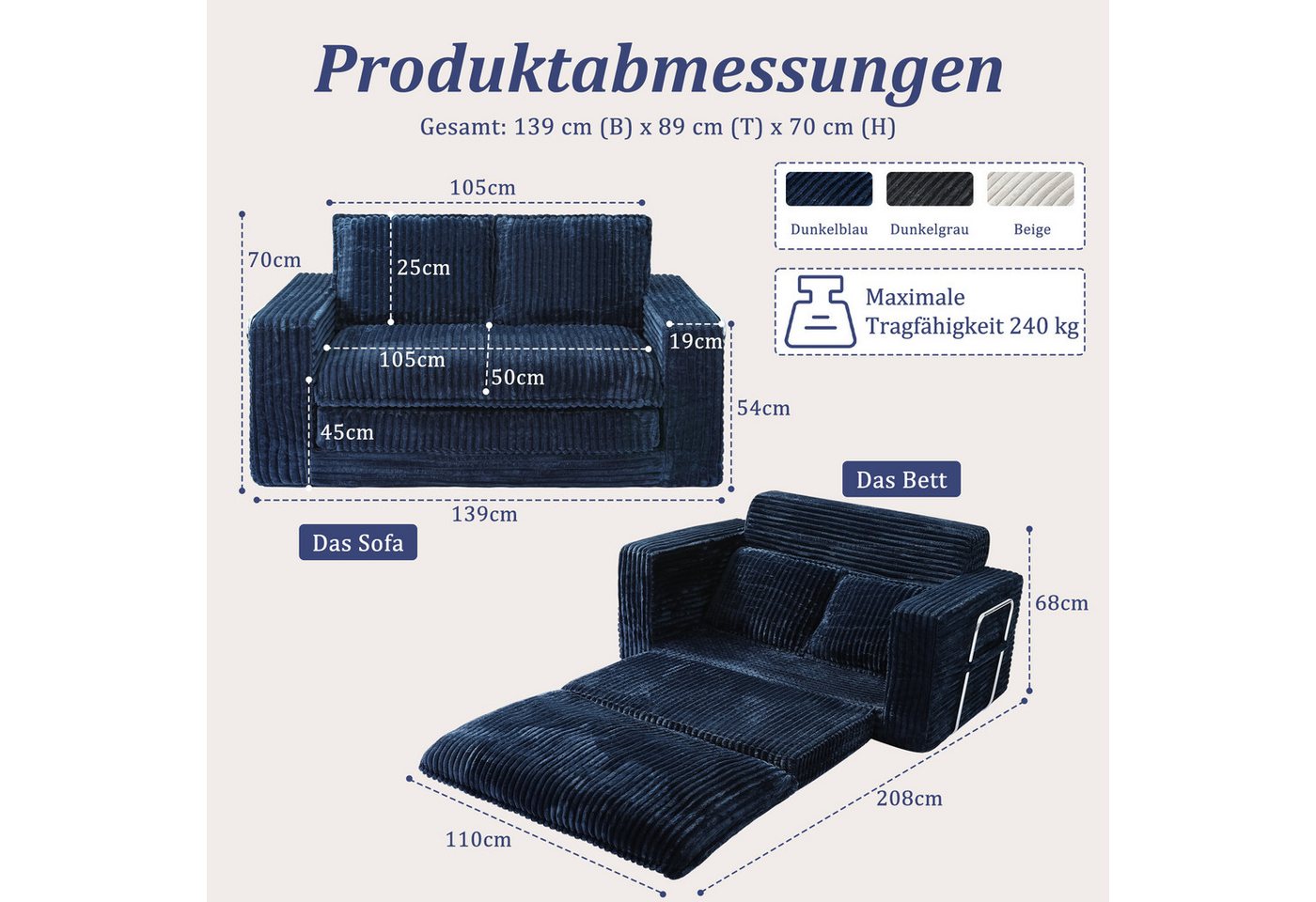 HomeMiYN Schlafsofa 2-Sitzer L139 CM klappbar Ecksofa mit Bettfunktion für kleine Räume, 1 Teile, 2-in-1 Schlafsofa – Tagsüber Sofa, nachts Gästebett (bis 240 k – Bild 2 von 5