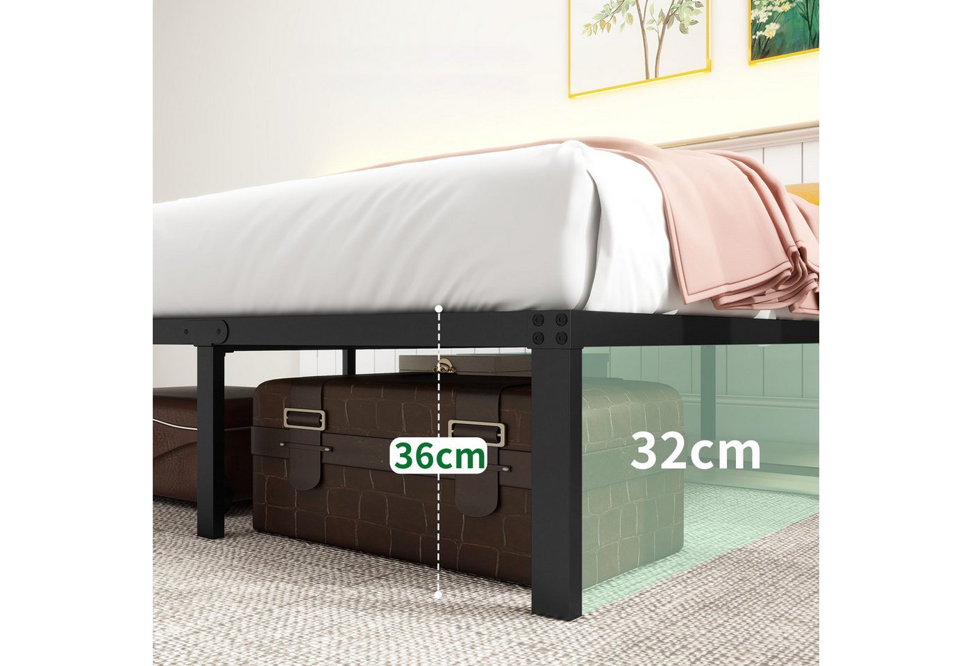 HOMERECOMMEND Metallbett 90x200 cm, 31cm Höhe geräuschlos, stabil Stahllattenrost, Schwar (1-tlg), Quietschfest, Stauraum unter dem Bett – Bild 5 von 5