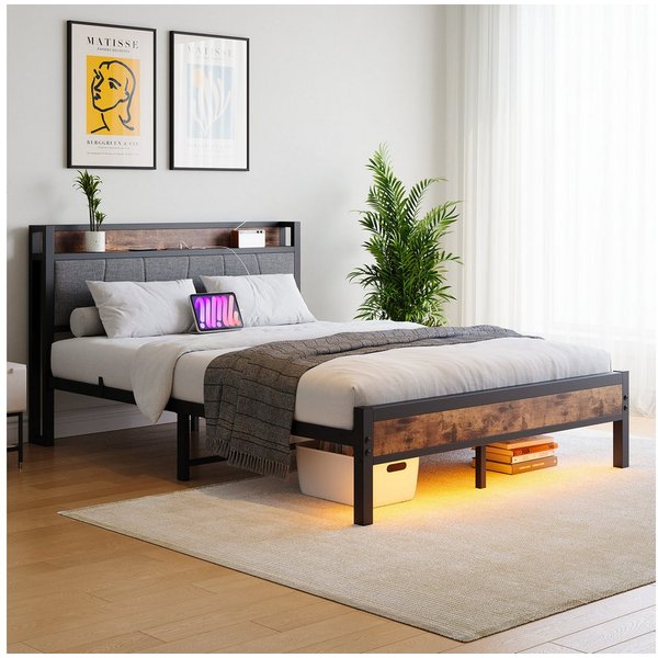 HOMERECOMMEND Metallbett mit 2 USB-Anschlüssen, LED Beleuchtung (1-tlg), Vintage Braun + Schwarz, 120x200cm