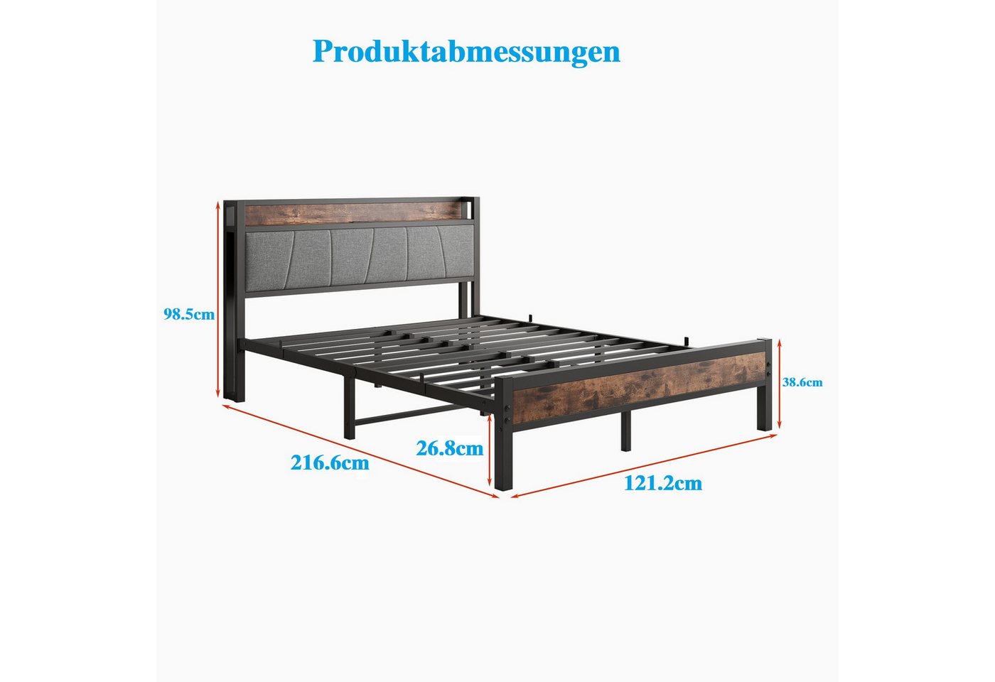 HOMERECOMMEND Metallbett mit 2 USB-Anschlüssen, LED Beleuchtung (1-tlg), Vintage Braun + Schwarz, 120x200cm – Bild 2 von 5