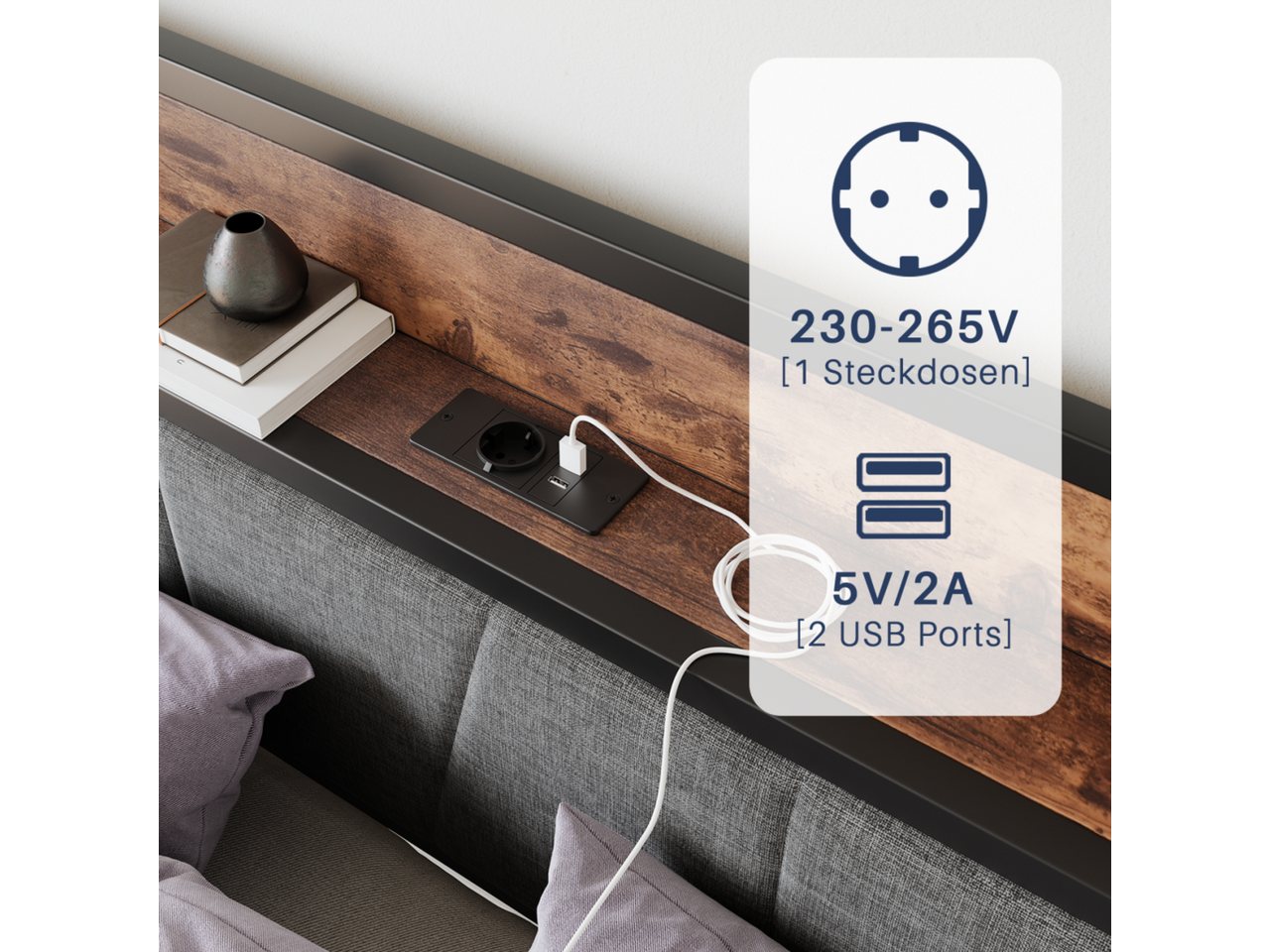 HOMERECOMMEND Metallbett mit 2 USB-Anschlüssen, LED Beleuchtung (1-tlg), Vintage Braun + Schwarz, 120x200cm – Bild 3 von 5