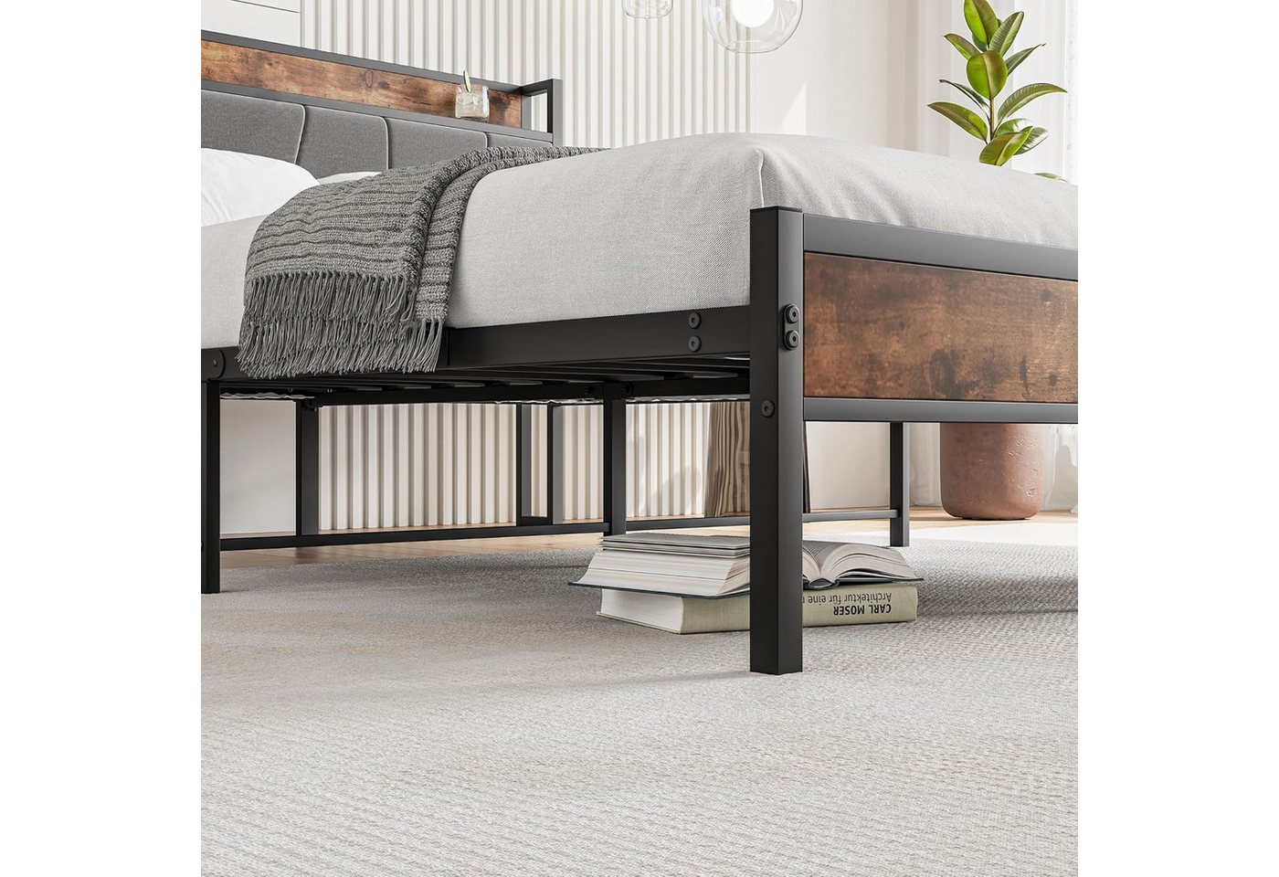 HOMERECOMMEND Metallbett mit 2 USB-Anschlüssen, LED Beleuchtung (1-tlg), Vintage Braun + Schwarz, 120x200cm – Bild 4 von 5