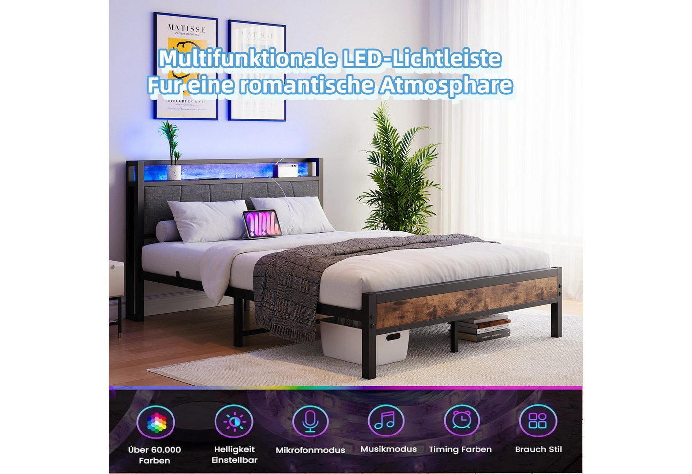 HOMERECOMMEND Metallbett mit 2 USB-Anschlüssen, LED Beleuchtung (1-tlg), Vintage Braun + Schwarz, 120x200cm – Bild 5 von 5