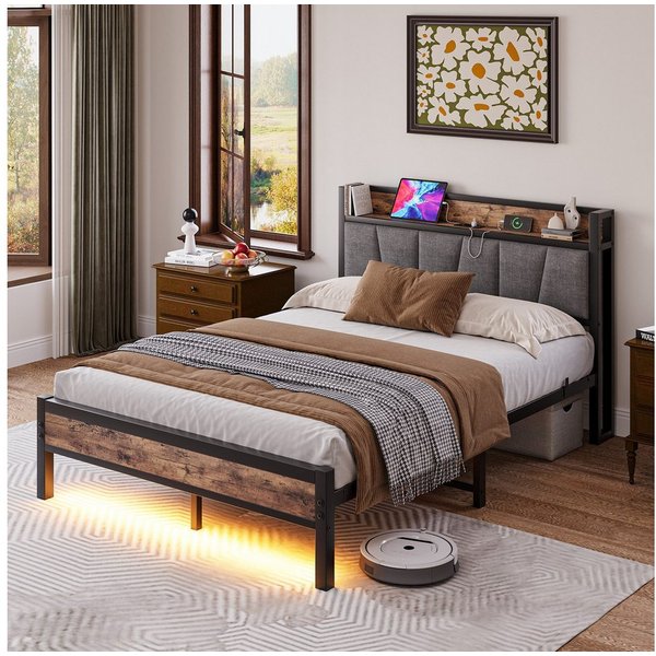 HOMERECOMMEND Metallbett mit 2 USB-Anschlüssen und LED Beleuchtung (1-tlg., Ohne Matratze), Jugendbett Bettgestell 90 x 200 cm