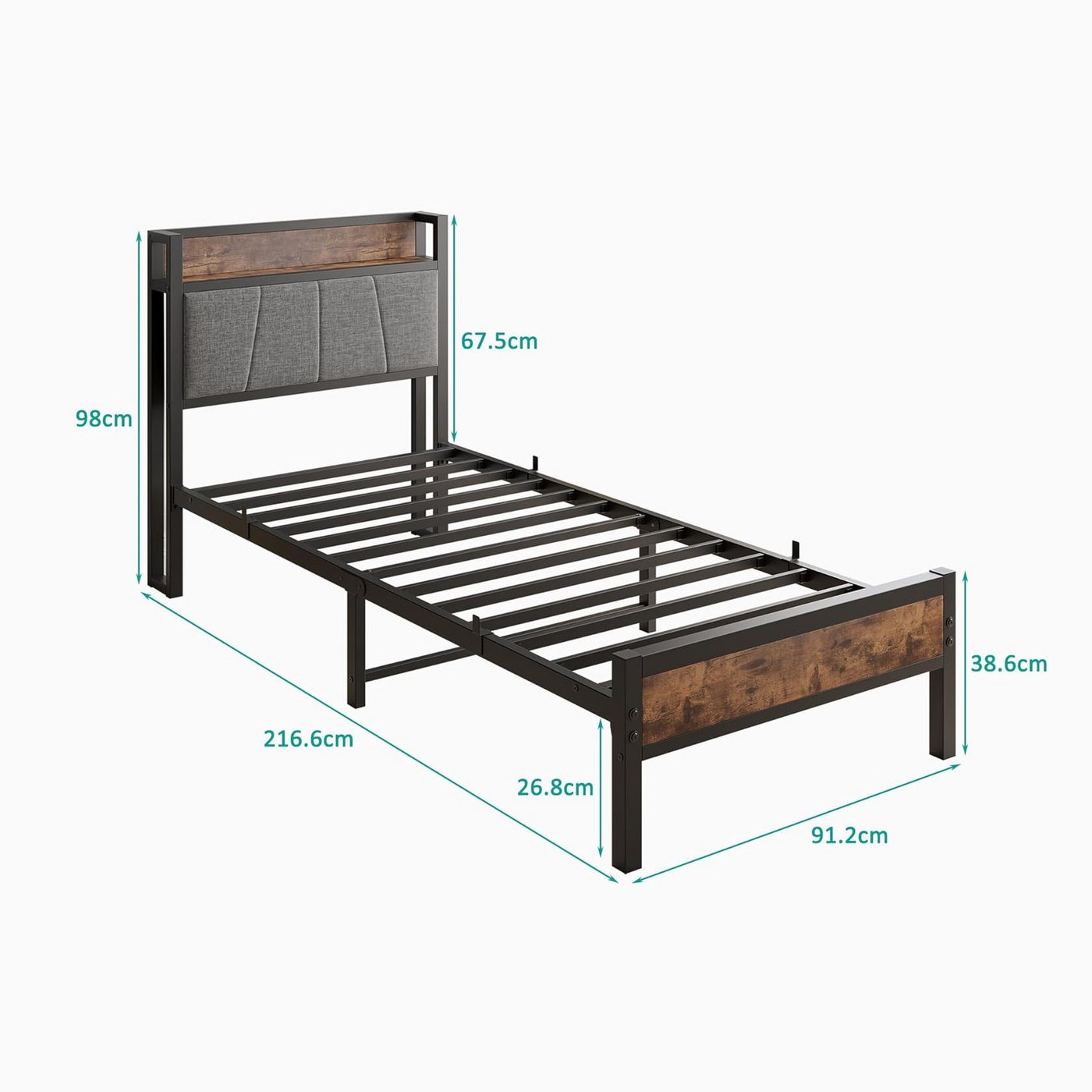 HOMERECOMMEND Metallbett mit 2 USB-Anschlüssen und LED Beleuchtung (1-tlg., Ohne Matratze), Jugendbett Bettgestell 90 x 200 cm – Bild 2 von 5
