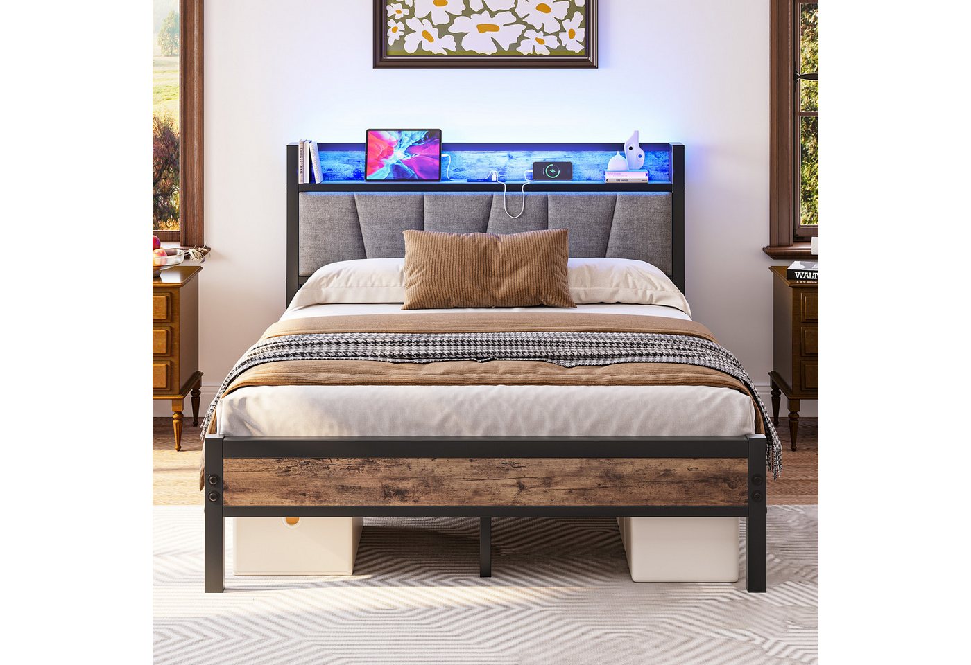 HOMERECOMMEND Metallbett mit 2 USB-Anschlüssen und LED Beleuchtung (1-tlg., Ohne Matratze), Jugendbett Bettgestell 90 x 200 cm – Bild 3 von 5