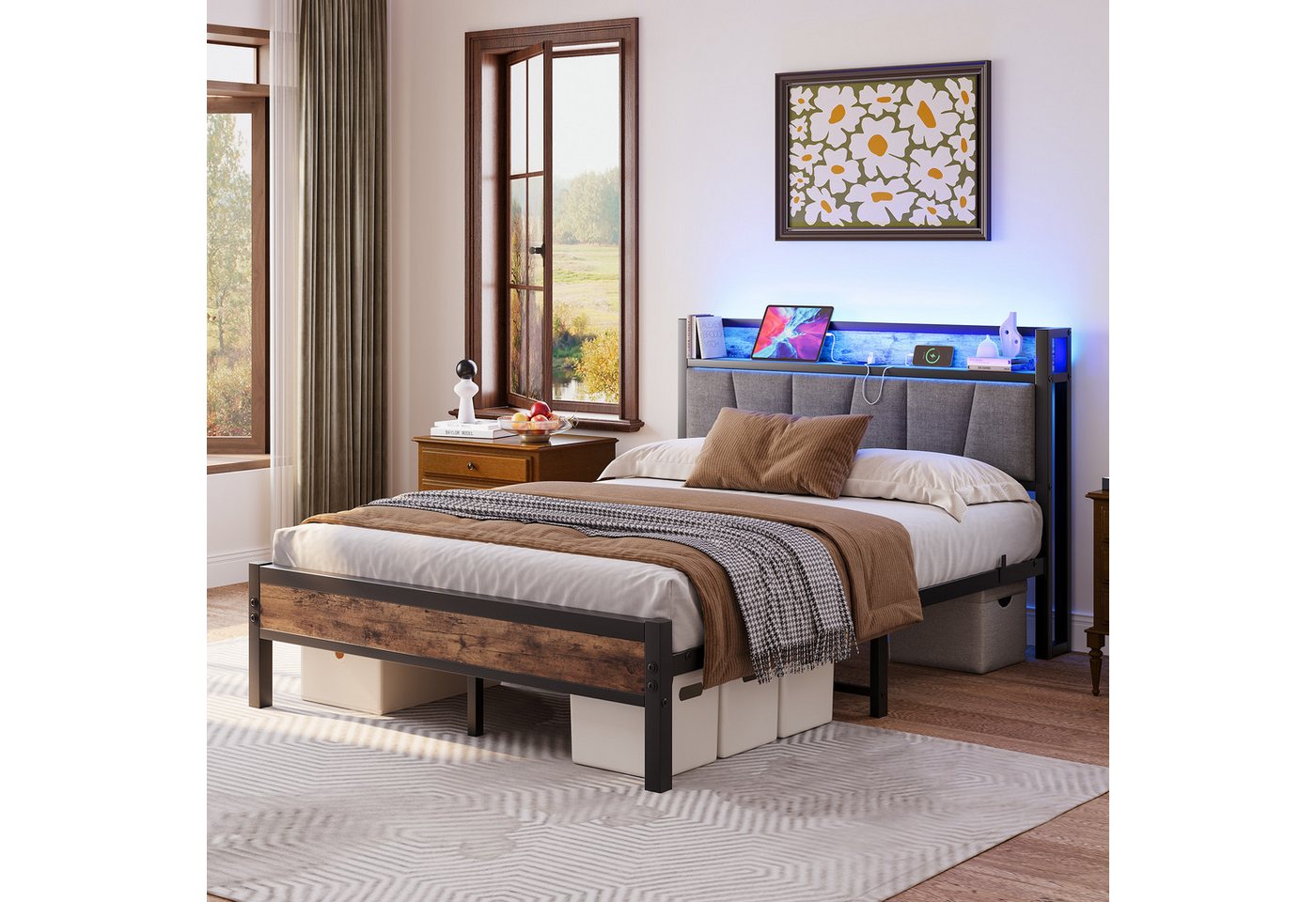 HOMERECOMMEND Metallbett mit 2 USB-Anschlüssen und LED Beleuchtung (1-tlg., Ohne Matratze), Jugendbett Bettgestell 90 x 200 cm – Bild 4 von 5