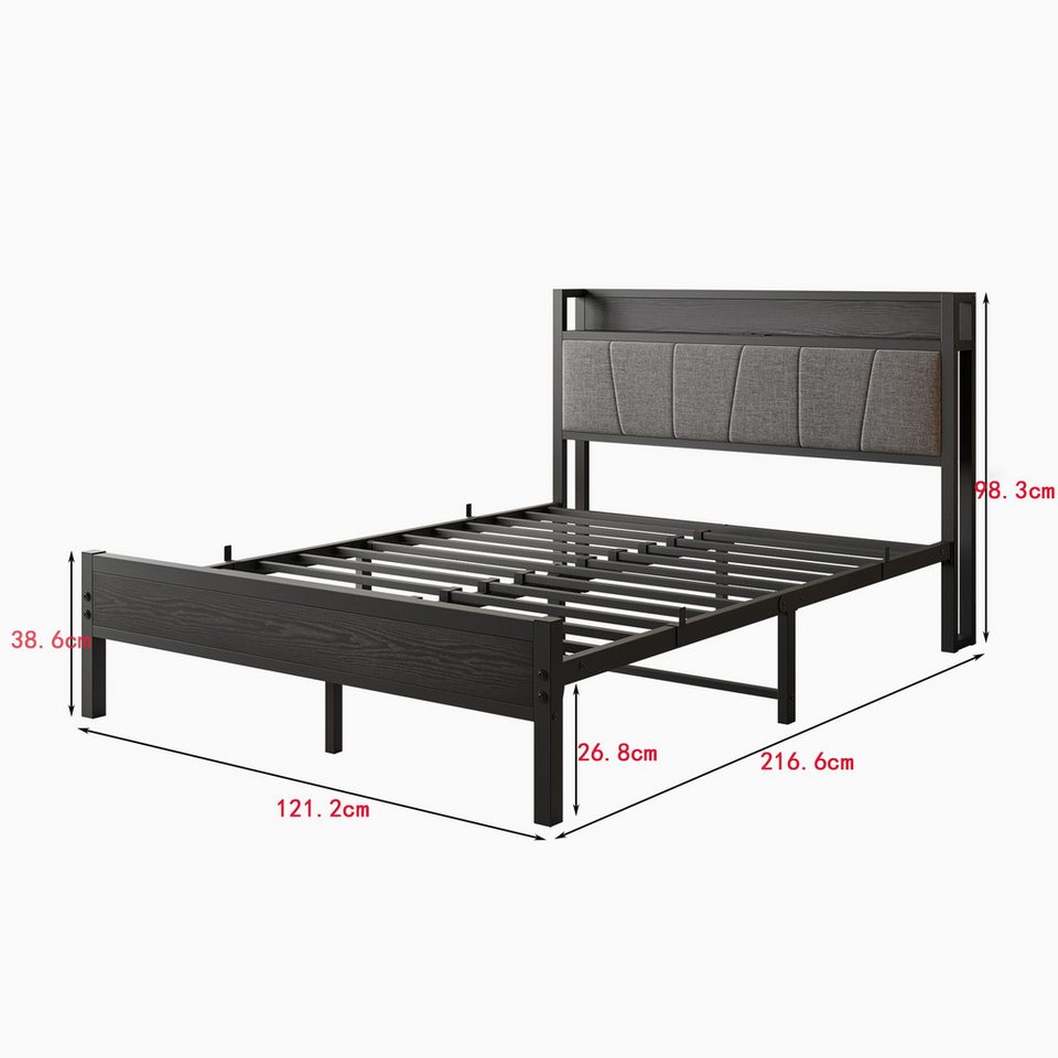 HOMERECOMMEND Metallbett mit 2 USB-Anschlüssen und LED Beleuchtung (1-tlg., Ohne Matratze), Jugendbett Bettgestell 120 x 200 cm – Bild 2 von 5