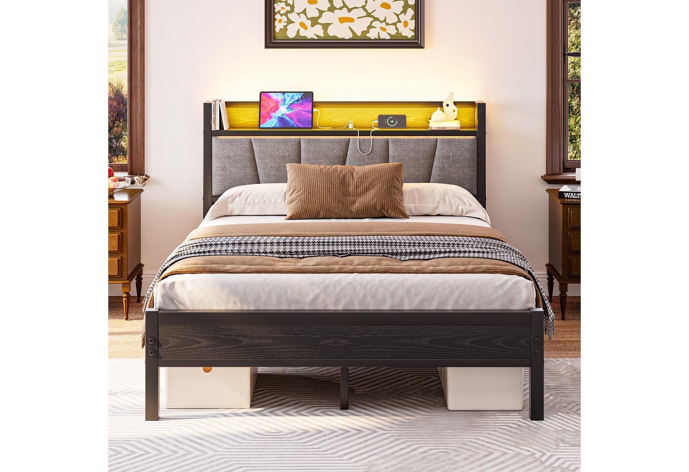 HOMERECOMMEND Metallbett mit 2 USB-Anschlüssen und LED Beleuchtung (1-tlg., Ohne Matratze), Jugendbett Bettgestell 120 x 200 cm – Bild 4 von 5