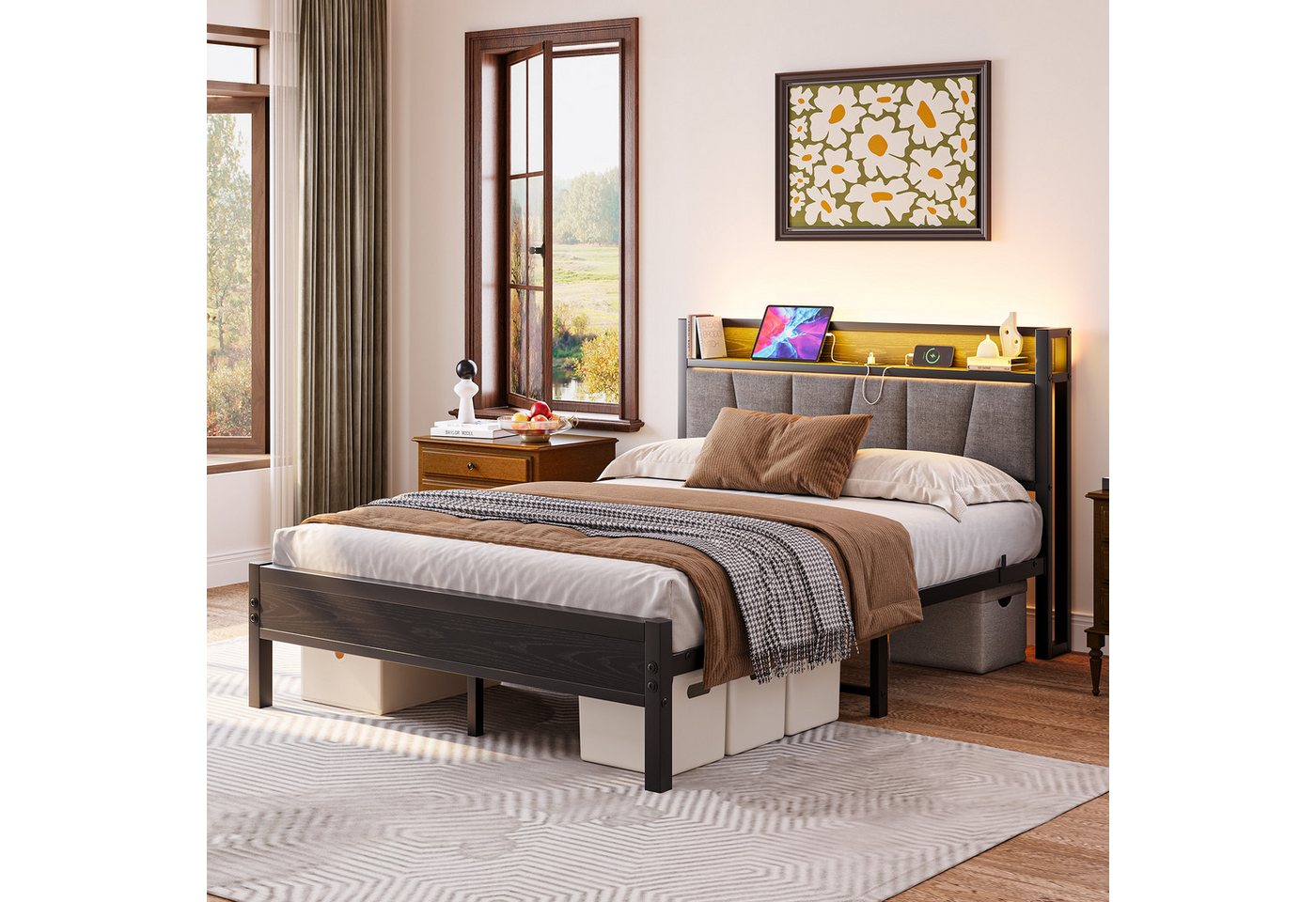 HOMERECOMMEND Metallbett mit 2 USB-Anschlüssen und LED Beleuchtung (1-tlg., Ohne Matratze), Jugendbett Bettgestell 120 x 200 cm – Bild 5 von 5