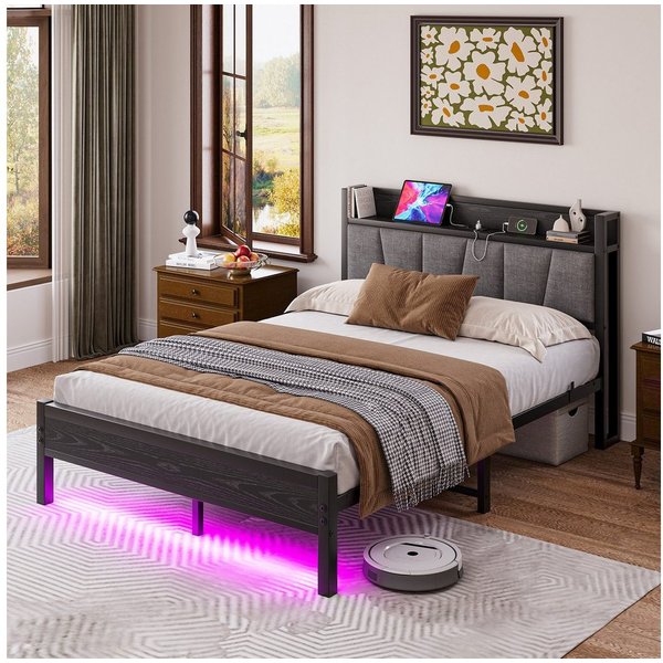 HOMERECOMMEND Metallbett mit 2 USB-Anschlüssen und LED Beleuchtung (1-tlg., Ohne Matratze), Jugendbett Bettgestell 90 x 200 cm
