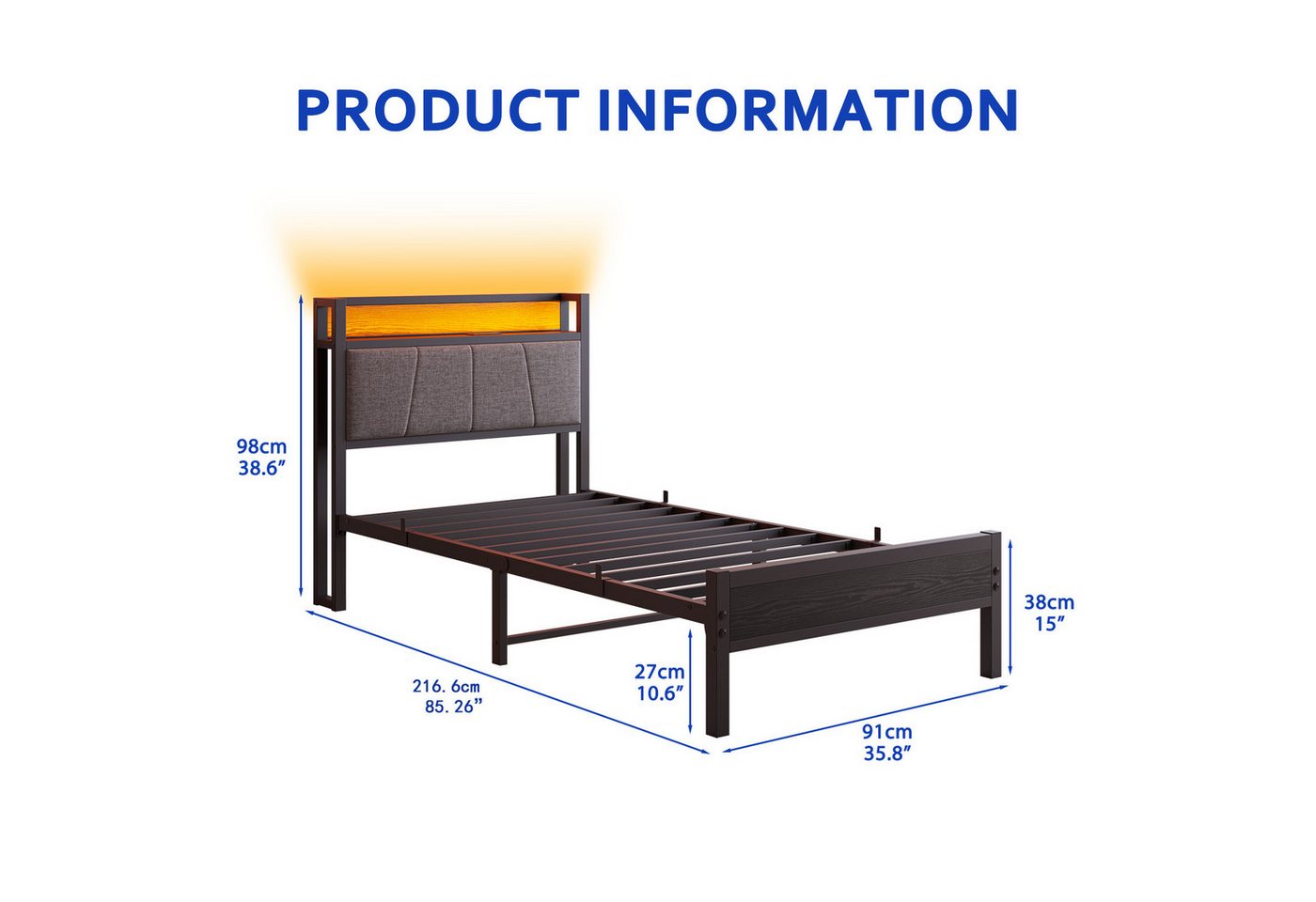 HOMERECOMMEND Metallbett mit 2 USB-Anschlüssen und LED Beleuchtung (1-tlg., Ohne Matratze), Jugendbett Bettgestell 90 x 200 cm – Bild 2 von 5