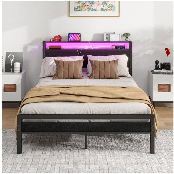 HOMERECOMMEND Metallbett mit Ladestation, LED Beleuchtung, USB-Ladefunktion, 90x200cm, Schwarz (1-tlg), Bettrahmen mit Ladestation, Kein Boxspring erforderlich