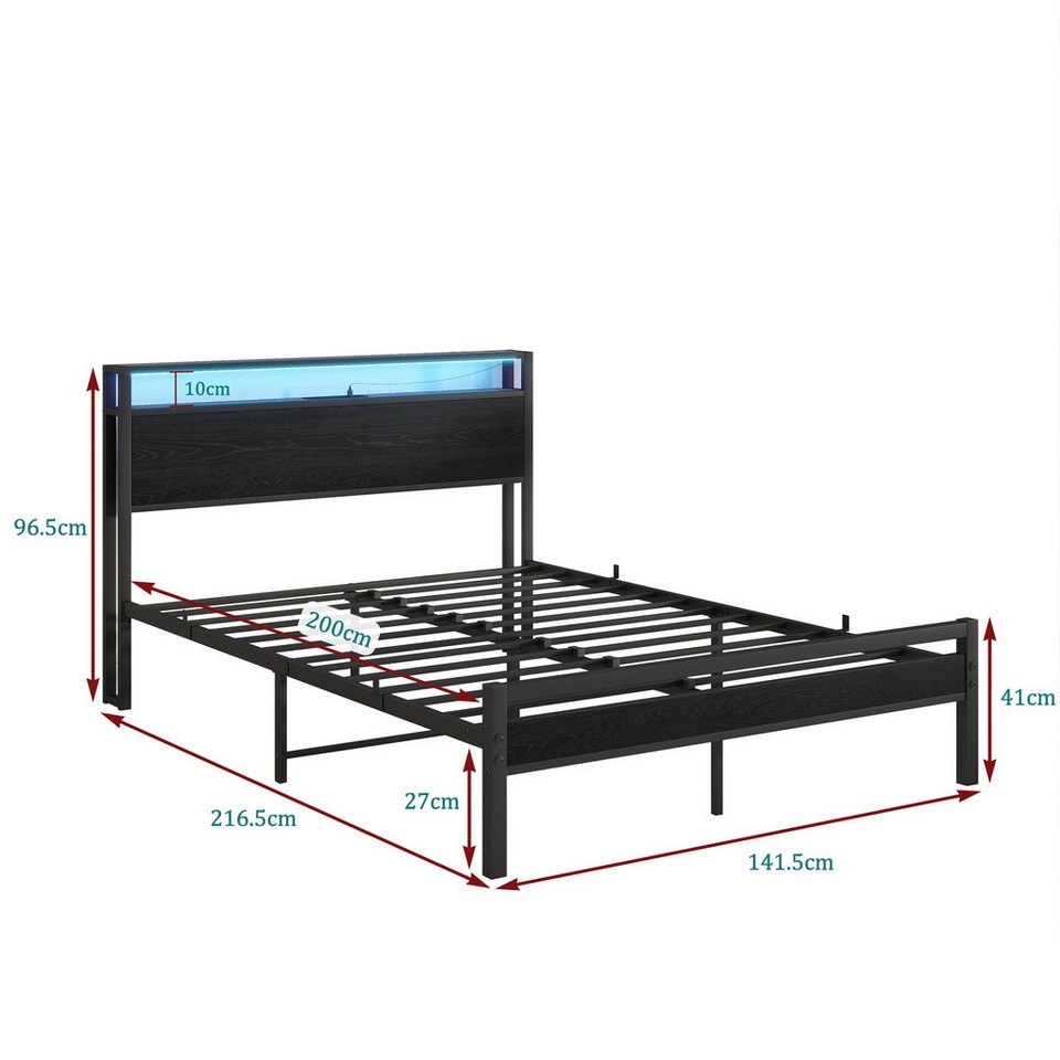 HOMERECOMMEND Metallbett mit Ladestation, LED Beleuchtung, USB-Ladefunktion, 90x200cm, Schwarz (1-tlg), Bettrahmen mit Ladestation, Kein Boxspring erforderlich – Bild 2 von 5