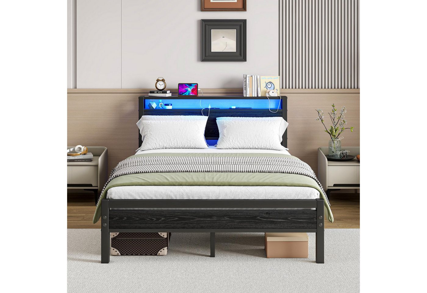 HOMERECOMMEND Metallbett mit Ladestation, LED Beleuchtung, USB-Ladefunktion, 90x200cm, Schwarz (1-tlg), Bettrahmen mit Ladestation, Kein Boxspring erforderlich – Bild 3 von 5
