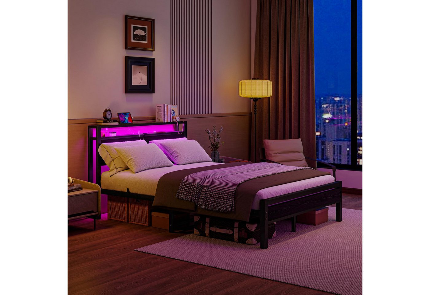 HOMERECOMMEND Metallbett mit Ladestation, LED Beleuchtung, USB-Ladefunktion, 90x200cm, Schwarz (1-tlg), Bettrahmen mit Ladestation, Kein Boxspring erforderlich – Bild 4 von 5