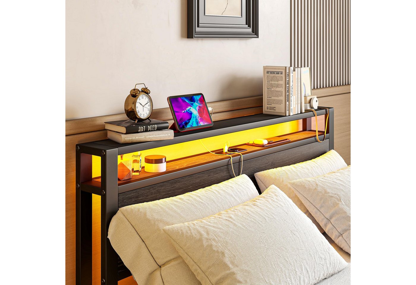 HOMERECOMMEND Metallbett mit Ladestation, LED Beleuchtung, USB-Ladefunktion, 90x200cm, Schwarz (1-tlg), Bettrahmen mit Ladestation, Kein Boxspring erforderlich – Bild 5 von 5