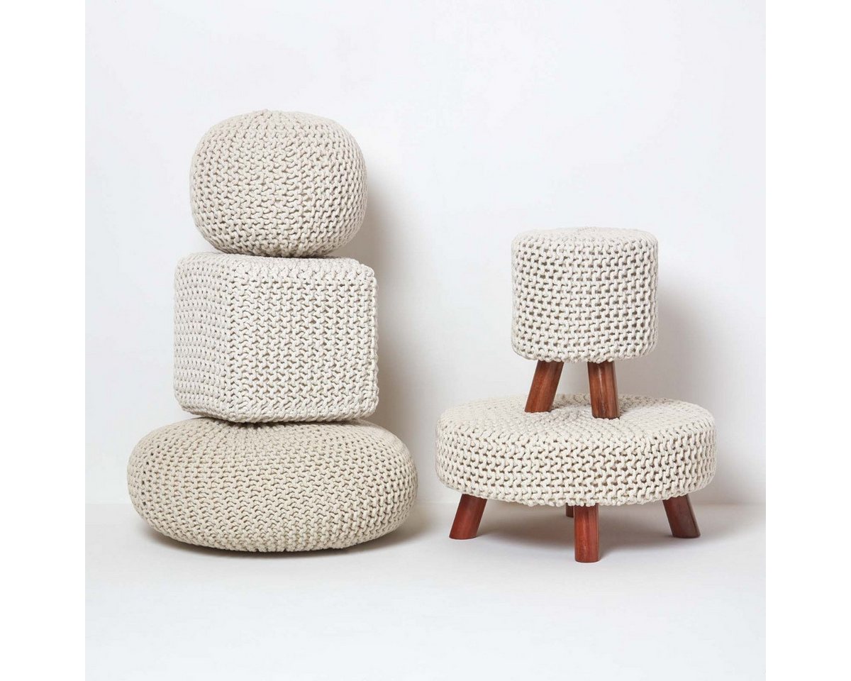 Homescapes Pouf Runder Strickpouf 100% Baumwolle, natur – Bild 5 von 5