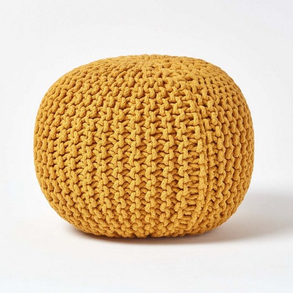 Homescapes Pouf Runder Strickpouf 100% Baumwolle, Senf