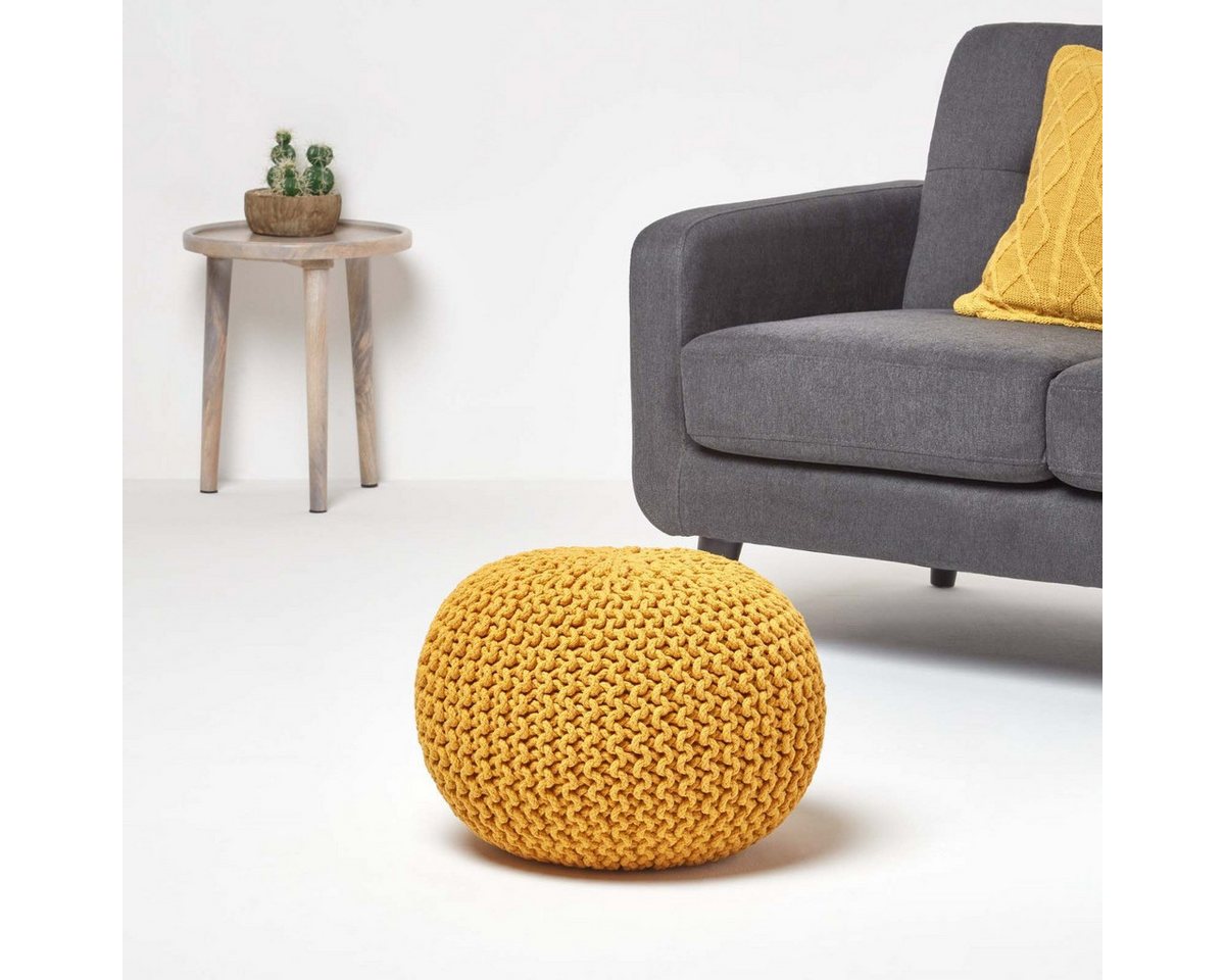 Homescapes Pouf Runder Strickpouf 100% Baumwolle, Senf – Bild 2 von 5