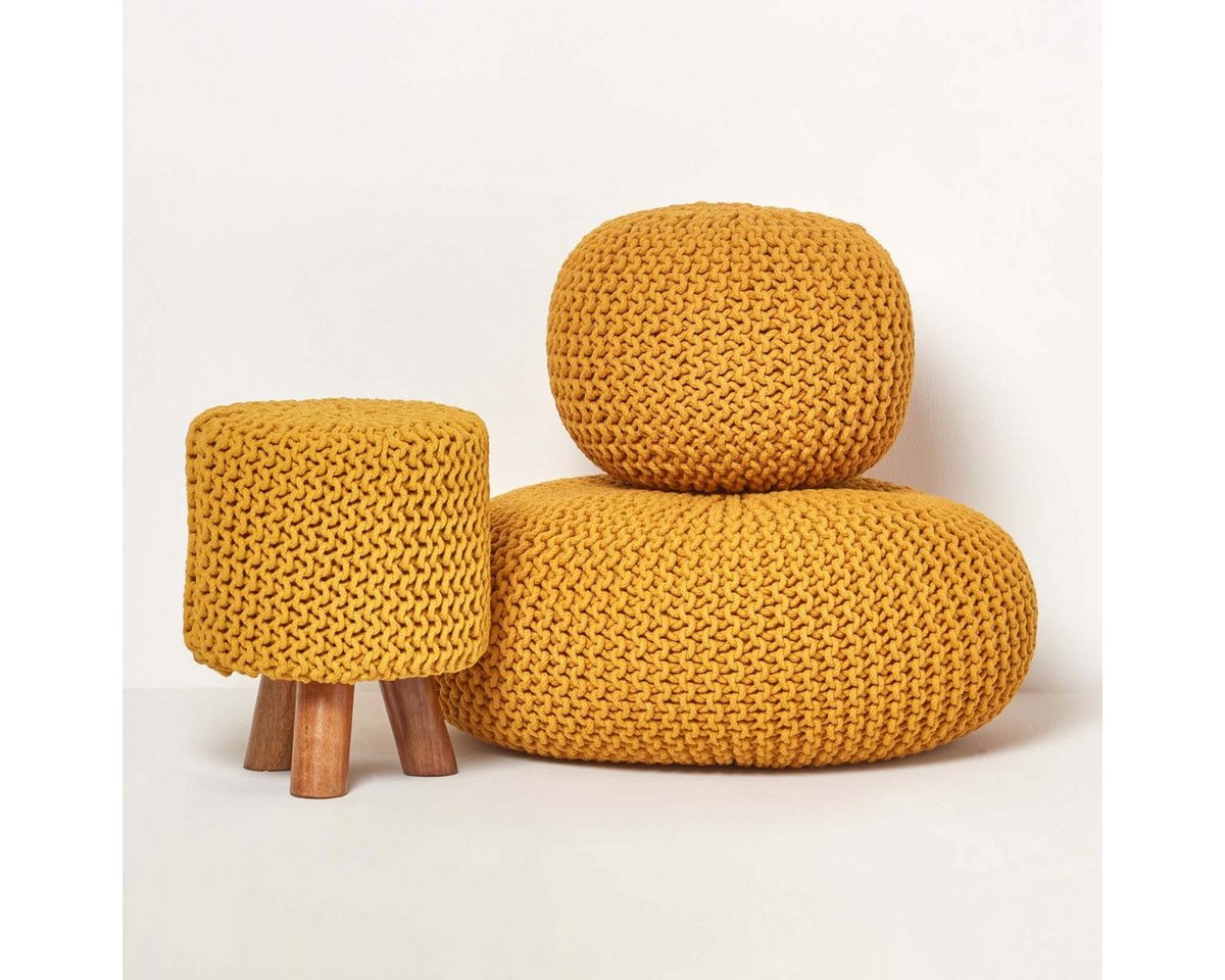 Homescapes Pouf Runder Strickpouf 100% Baumwolle, Senf – Bild 5 von 5