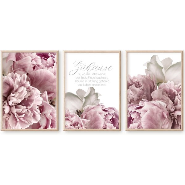 homestyle-accessoires Poster Bilderset Bilder Wandbilder ZUHAUSE IST WO DIE LIEBE WOHNT 3erSet, - OHNE BILDERRAHMEN - Sorgfältige & sichere Verpackung
