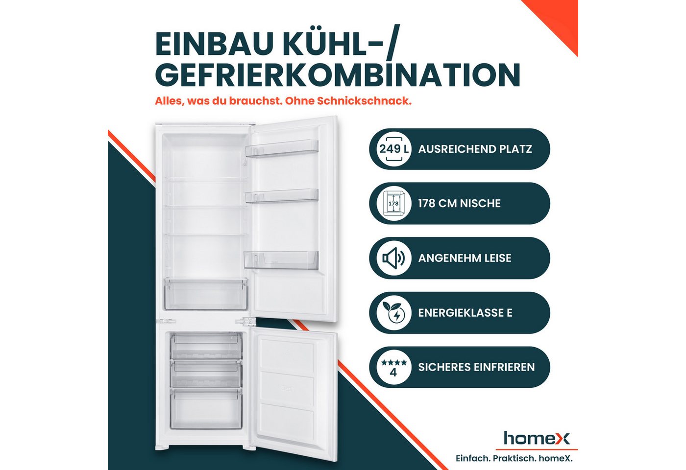 homeX Einbaukühlgefrierkombination CFB2491E, 178 cm hoch, 54 cm breit, 249 Liter, Einbaukühlschrank mit Gefrierfach, 178cm hoch, Schlepptür – Bild 2 von 5