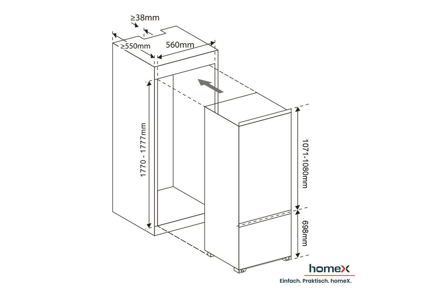 homeX Einbaukühlgefrierkombination CFB2491E, 178 cm hoch, 54 cm breit, 249 Liter, Einbaukühlschrank mit Gefrierfach, 178cm hoch, Schlepptür – Bild 3 von 5