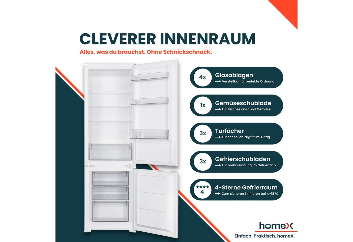 homeX Einbaukühlgefrierkombination CFB2491E, 178 cm hoch, 54 cm breit, 249 Liter, Einbaukühlschrank mit Gefrierfach, 178cm hoch, Schlepptür – Bild 4 von 5