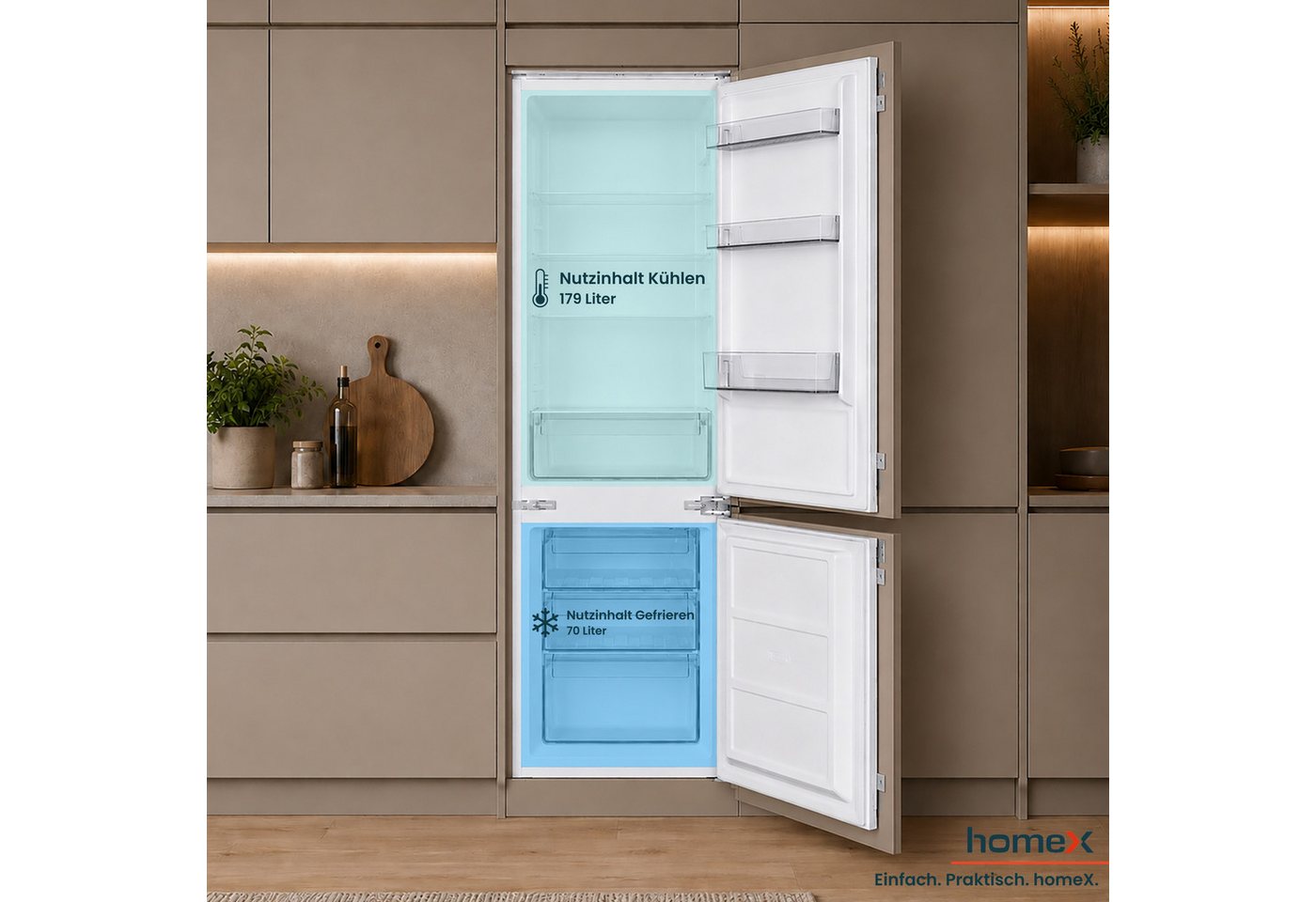 homeX Einbaukühlgefrierkombination CFB2491E, 178 cm hoch, 54 cm breit, 249 Liter, Einbaukühlschrank mit Gefrierfach, 178cm hoch, Schlepptür – Bild 5 von 5
