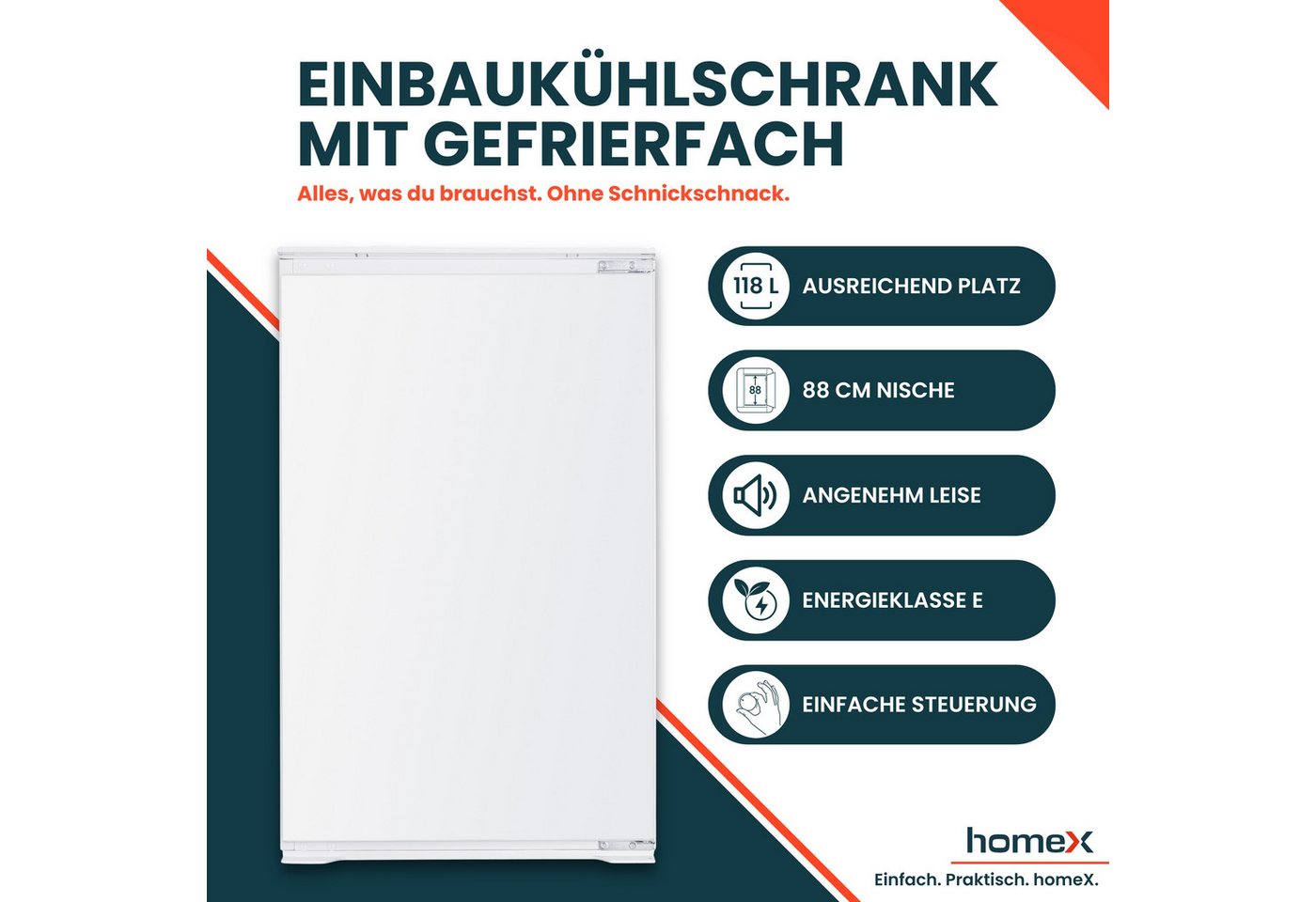homeX Einbaukühlschrank CFB1181E, 89 cm hoch, 54 cm breit, 118 Liter, mit Gefrierfach, 88cm hoch, Schlepptürtechnik, leise 37 dB – Bild 2 von 5