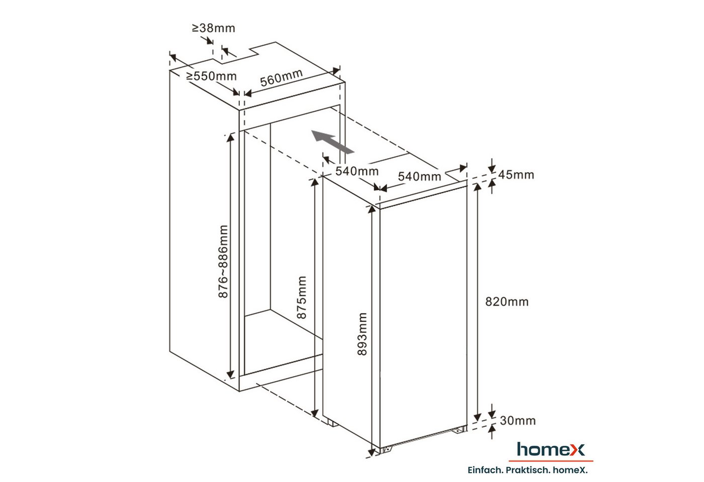 homeX Einbaukühlschrank CFB1181E, 89 cm hoch, 54 cm breit, 118 Liter, mit Gefrierfach, 88cm hoch, Schlepptürtechnik, leise 37 dB – Bild 3 von 5