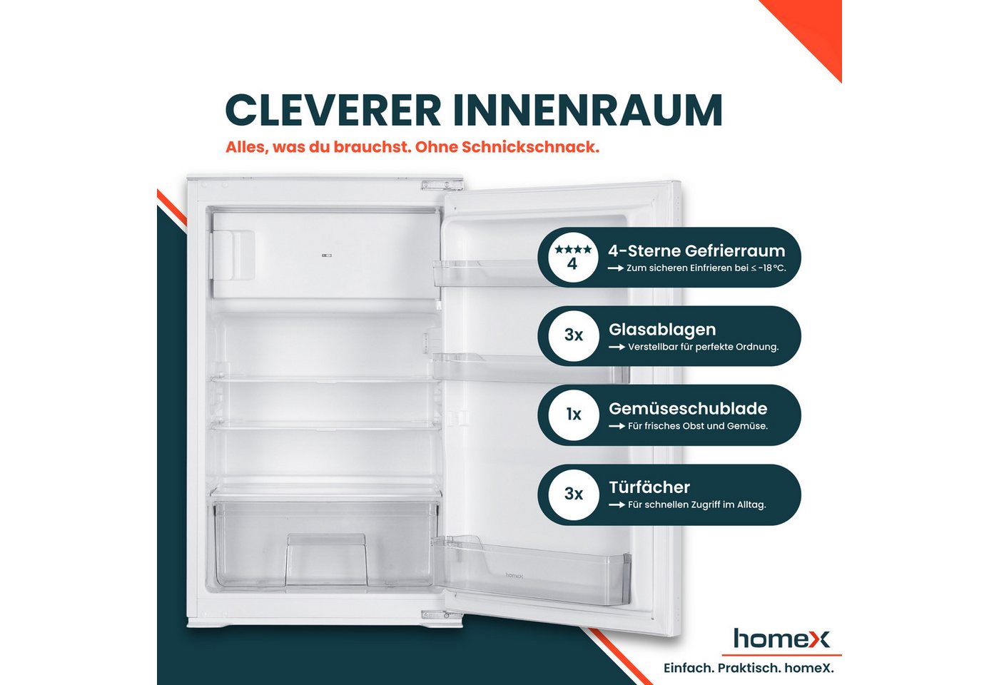homeX Einbaukühlschrank CFB1181E, 89 cm hoch, 54 cm breit, 118 Liter, mit Gefrierfach, 88cm hoch, Schlepptürtechnik, leise 37 dB – Bild 4 von 5