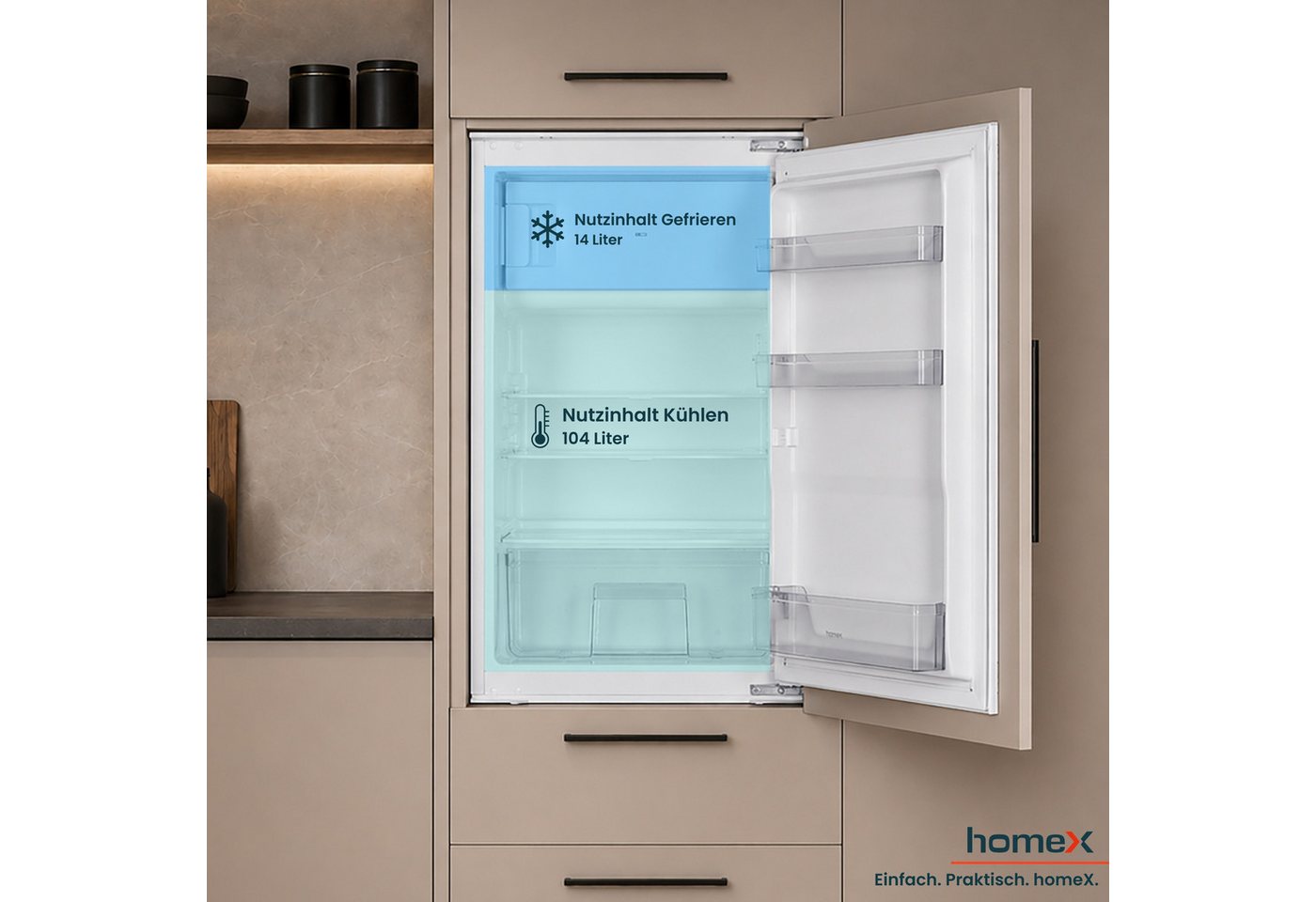homeX Einbaukühlschrank CFB1181E, 89 cm hoch, 54 cm breit, 118 Liter, mit Gefrierfach, 88cm hoch, Schlepptürtechnik, leise 37 dB – Bild 5 von 5