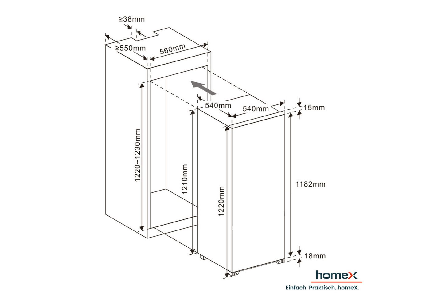 homeX Einbaukühlschrank CFB1811E, 123 cm hoch, 54 cm breit, 181 Liter, mit Gefrierfach, 122cm hoch, Schlepptürtechnik, leise 39 dB – Bild 3 von 5