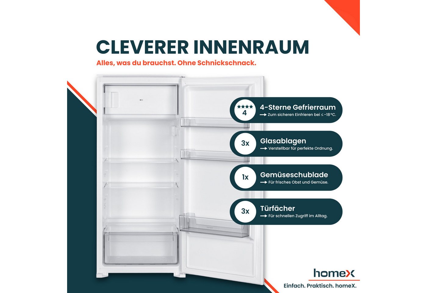 homeX Einbaukühlschrank CFB1811E, 123 cm hoch, 54 cm breit, 181 Liter, mit Gefrierfach, 122cm hoch, Schlepptürtechnik, leise 39 dB – Bild 4 von 5