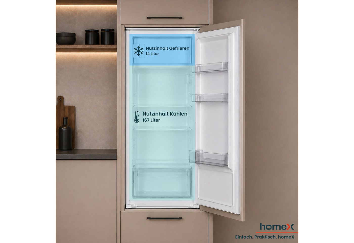 homeX Einbaukühlschrank CFB1811E, 123 cm hoch, 54 cm breit, 181 Liter, mit Gefrierfach, 122cm hoch, Schlepptürtechnik, leise 39 dB – Bild 5 von 5