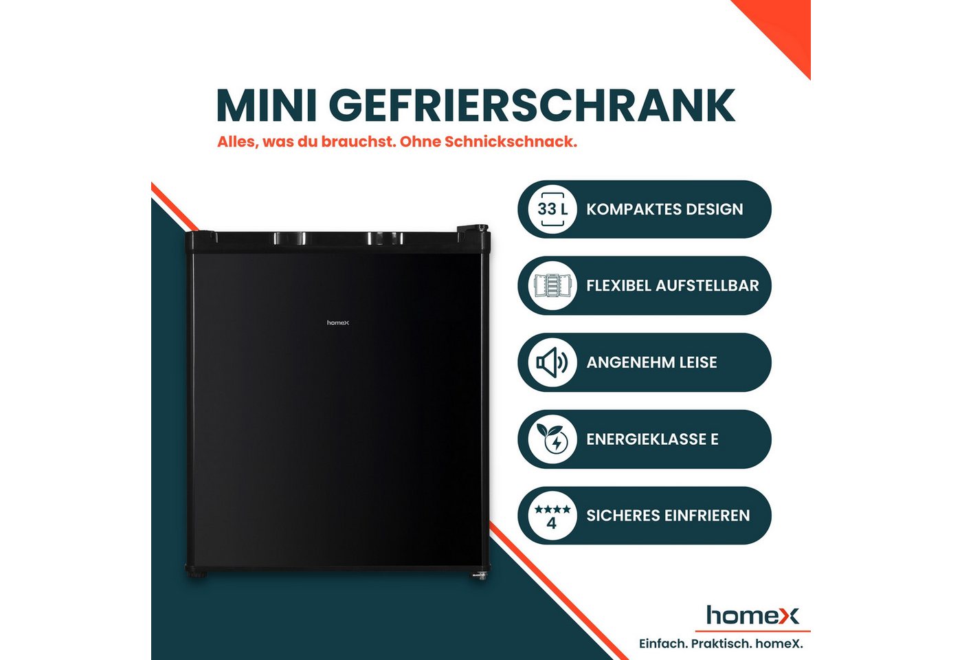 homeX Gefrierschrank FM1015-B, 51 cm hoch, 44 cm breit, Mini Gefriertruhe, Tiefkühlschrank klein, Gefrierbox, Freezer, 33 L – Bild 2 von 5