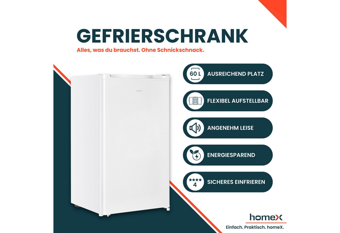 homeX Gefrierschrank FS1016-W, 85 cm hoch, 47.5 cm breit, 60 Liter, Tiefkühlschrank klein, Freezer, 4-Sterne Gefrieren, leise – Bild 2 von 5
