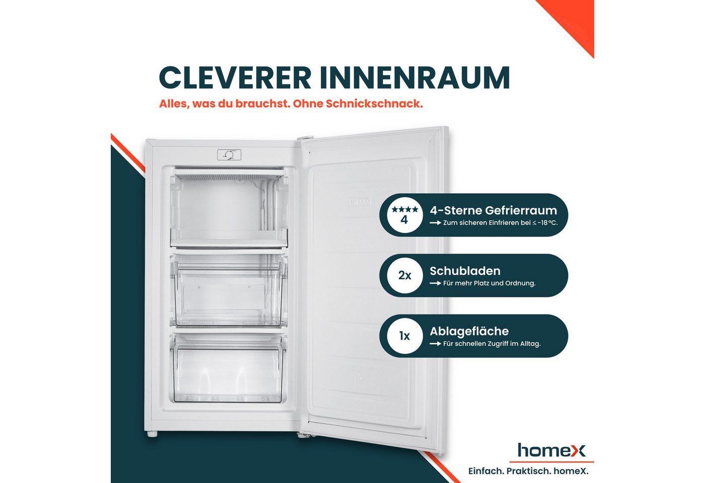 homeX Gefrierschrank FS1016-W, 85 cm hoch, 47.5 cm breit, 60 Liter, Tiefkühlschrank klein, Freezer, 4-Sterne Gefrieren, leise – Bild 3 von 5