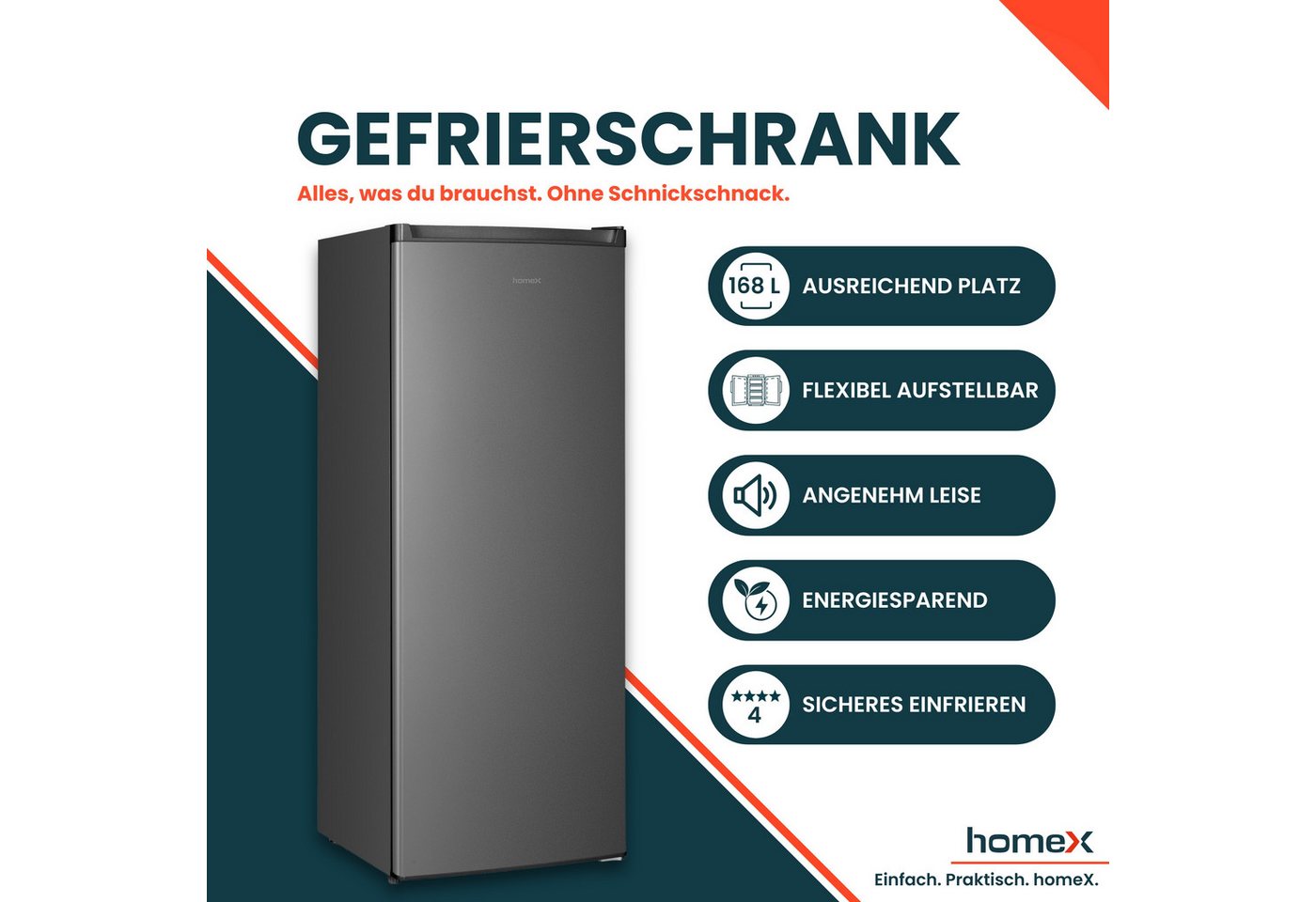 homeX Gefrierschrank FS1682E-S, 142.5 cm hoch, 54.5 cm breit, 168 Liter, Tiefkühlschrank groß, Freezer, 4-Sterne Gefrieren, leise – Bild 2 von 5