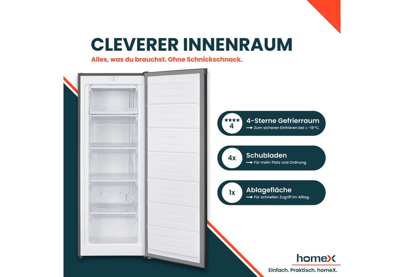 homeX Gefrierschrank FS1682E-S, 142.5 cm hoch, 54.5 cm breit, 168 Liter, Tiefkühlschrank groß, Freezer, 4-Sterne Gefrieren, leise – Bild 4 von 5