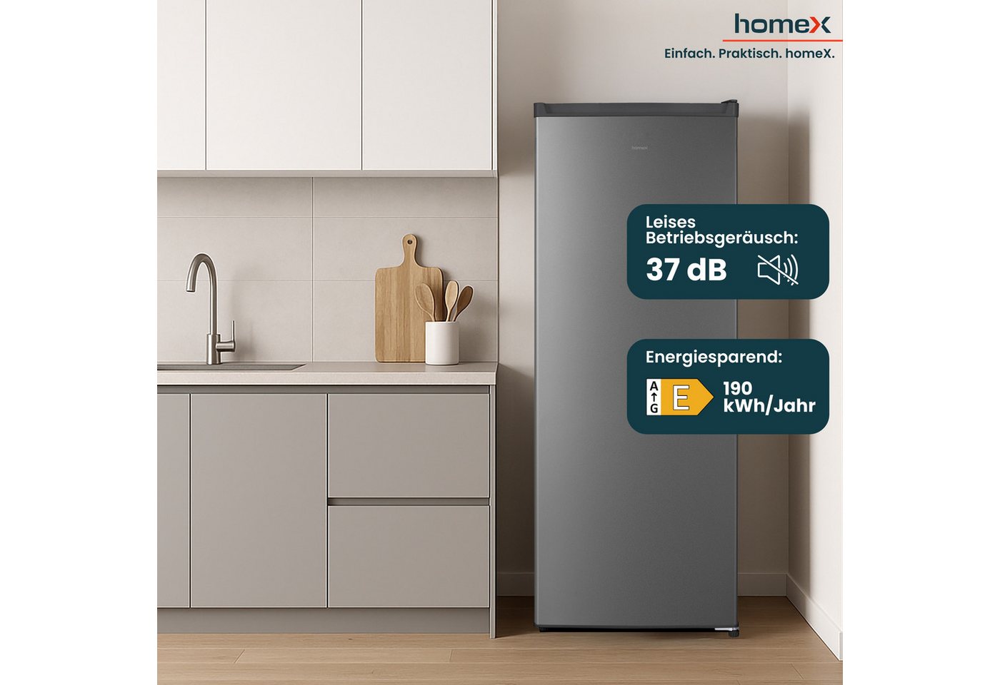 homeX Gefrierschrank FS1682E-S, 142.5 cm hoch, 54.5 cm breit, 168 Liter, Tiefkühlschrank groß, Freezer, 4-Sterne Gefrieren, leise – Bild 5 von 5