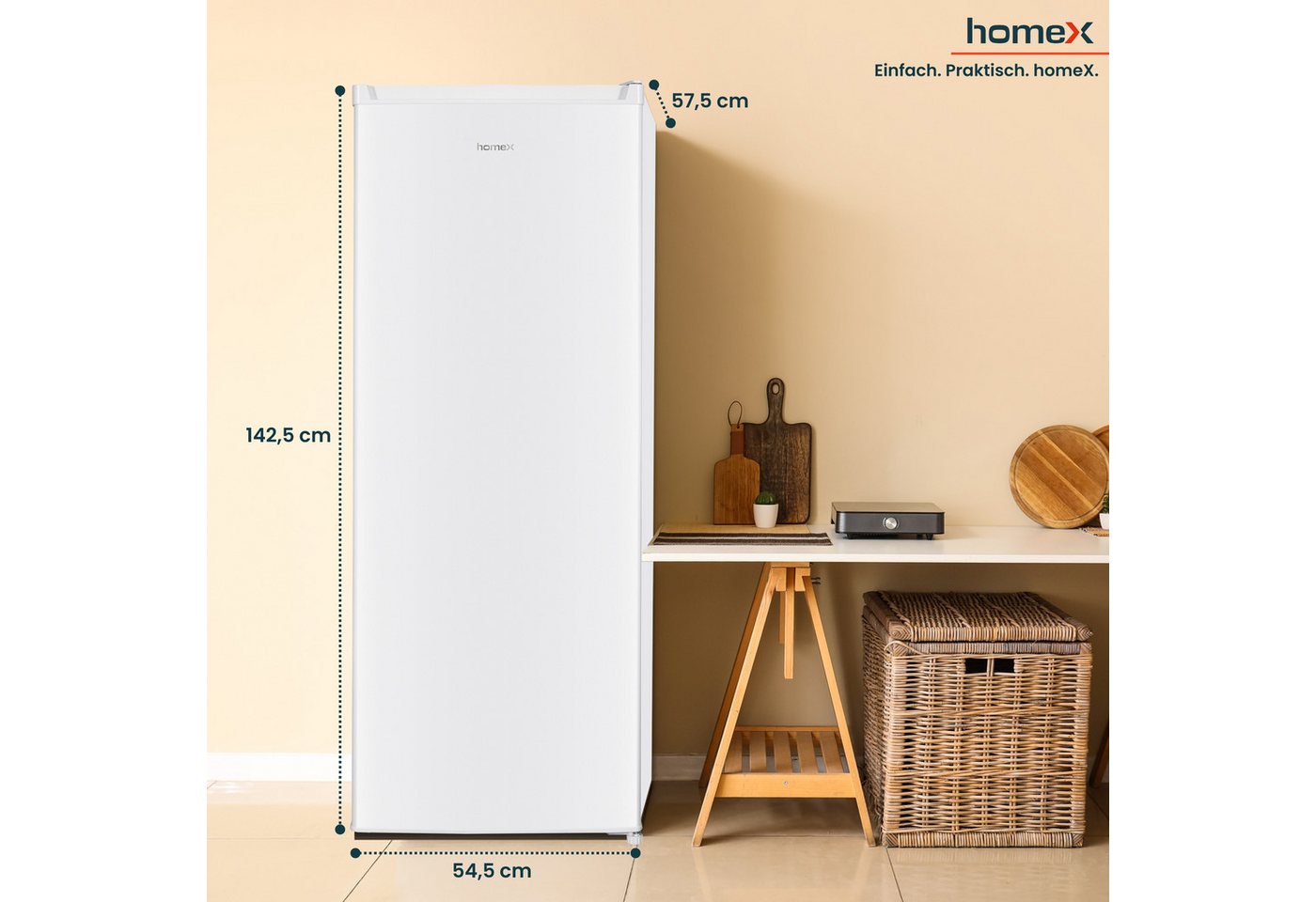 homeX Gefrierschrank FS1682E-W, 142.5 cm hoch, 54.5 cm breit, 168 Liter, Tiefkühlschrank groß, Freezer, 4-Sterne Gefrieren, leise – Bild 3 von 5