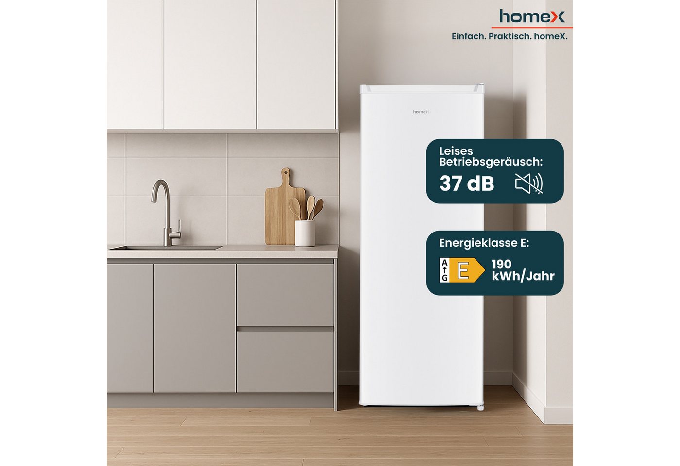 homeX Gefrierschrank FS1682E-W, 142.5 cm hoch, 54.5 cm breit, 168 Liter, Tiefkühlschrank groß, Freezer, 4-Sterne Gefrieren, leise – Bild 5 von 5