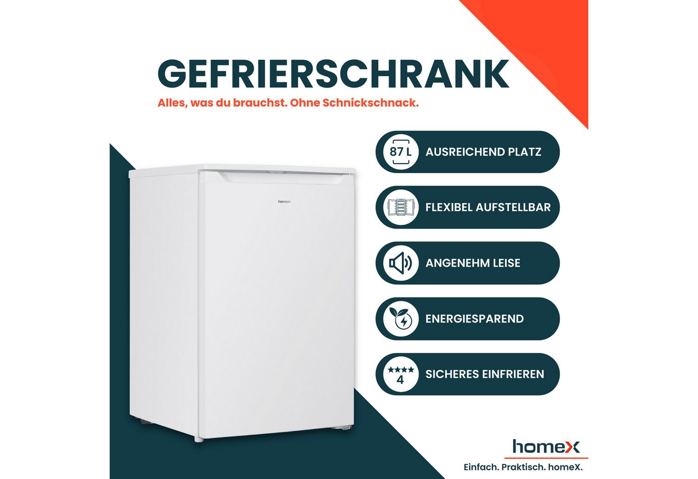 homeX Gefrierschrank FS871E-W, 85 cm hoch, 55 cm breit, 87 Liter, Tiefkühlschrank klein, Freezer, 4-Sterne Gefrieren, leise – Bild 2 von 5