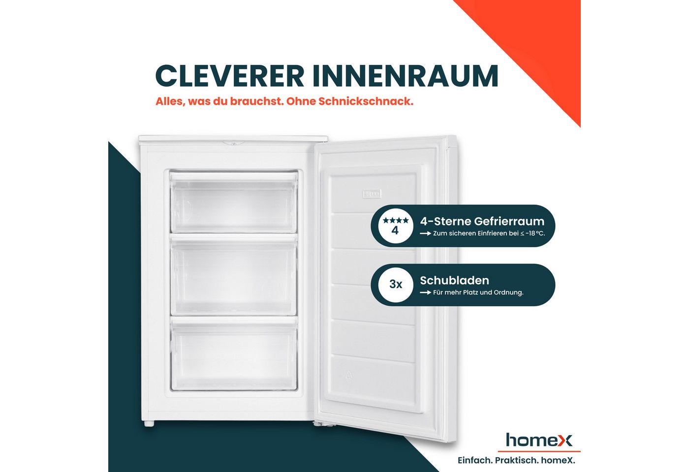 homeX Gefrierschrank FS871E-W, 85 cm hoch, 55 cm breit, 87 Liter, Tiefkühlschrank klein, Freezer, 4-Sterne Gefrieren, leise – Bild 3 von 5