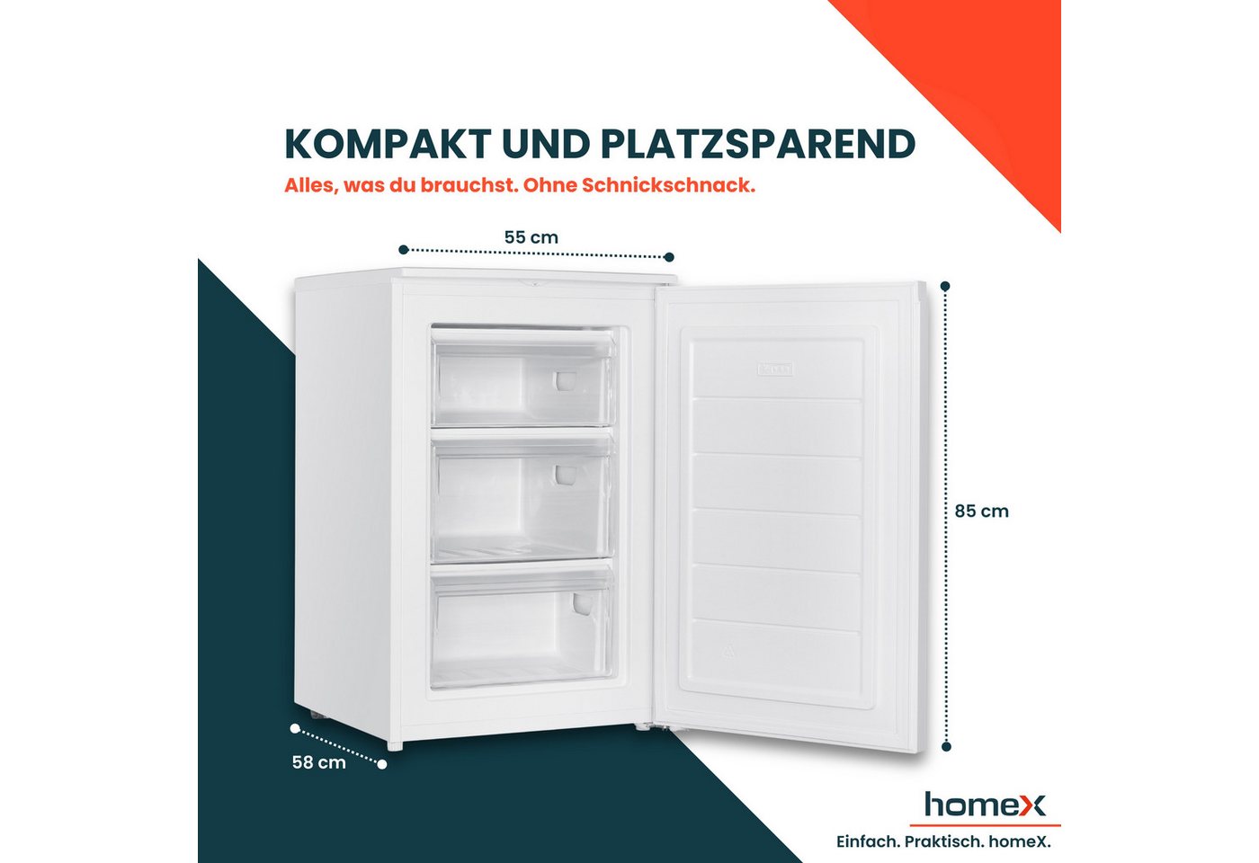 homeX Gefrierschrank FS871E-W, 85 cm hoch, 55 cm breit, 87 Liter, Tiefkühlschrank klein, Freezer, 4-Sterne Gefrieren, leise – Bild 4 von 5